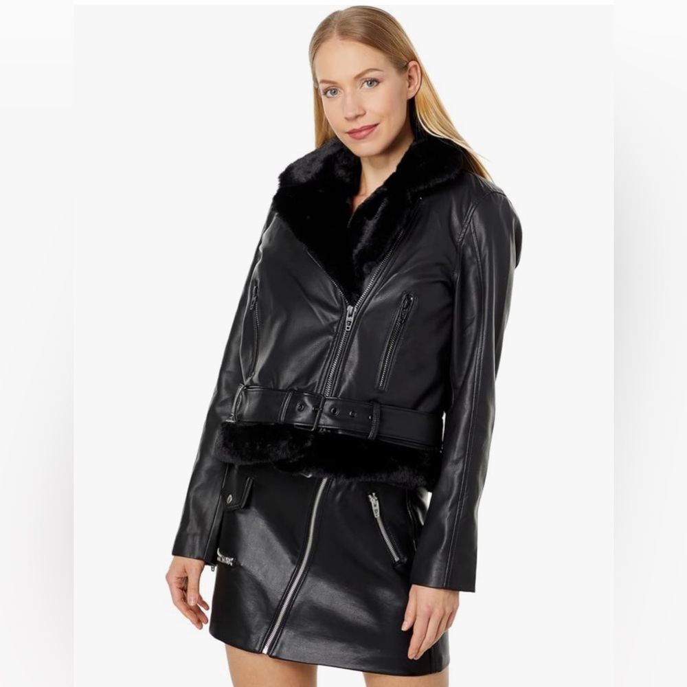 Rare BLANK NYC Womens Vegan Leather Moto Jacket Faux Fur Trim 2 in 1 Jacket/Vest